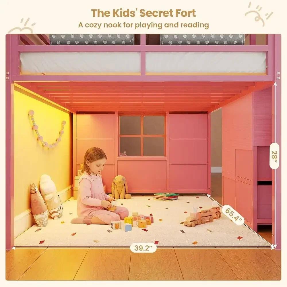 Twin Size Pink Kids Loft Bed with Stairs, LED Lights, and Play Area