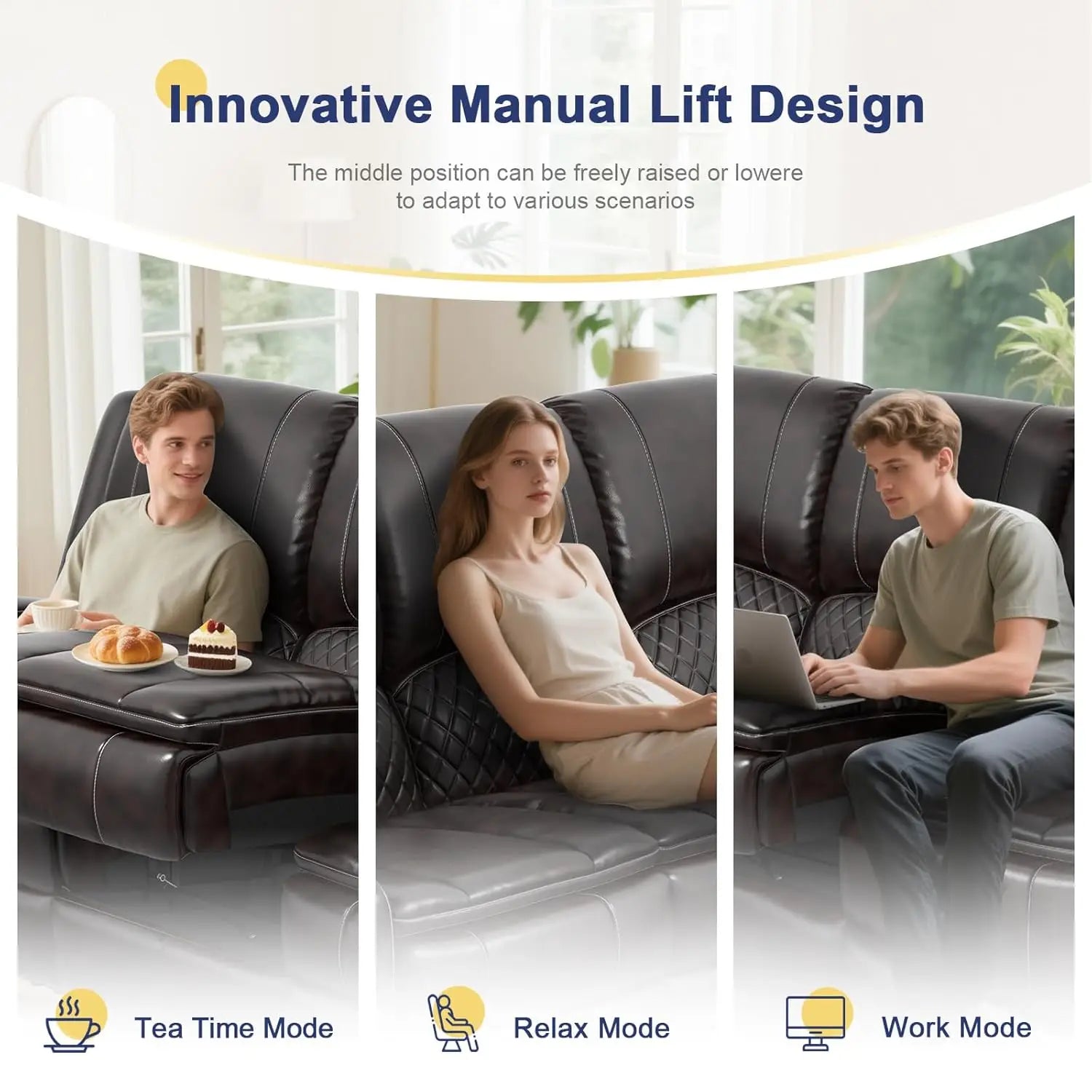 3 Seat Recliner Sofa with Console, Armrest, PU Leather, Cup Holders, USB Ports