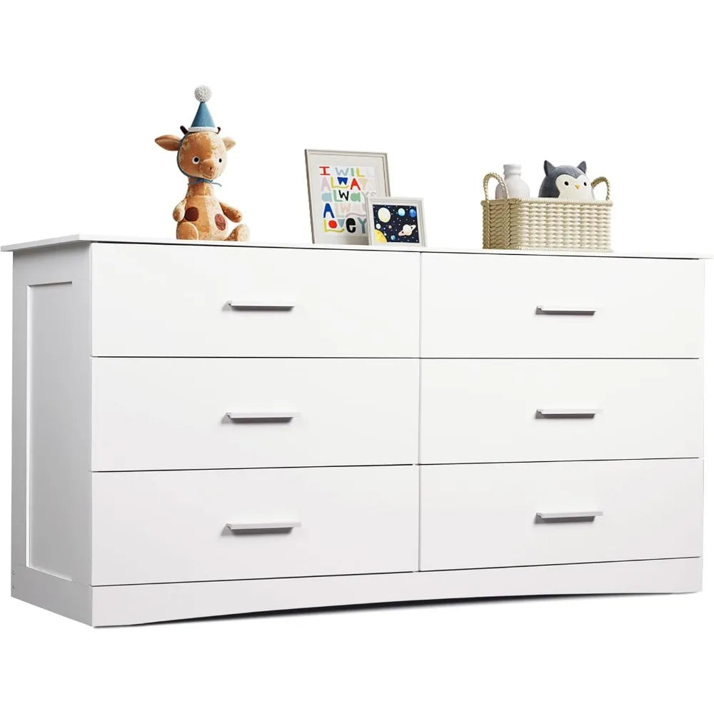 Exquisite White Dresser with 6 Drawers, Wide Wooden Chest of Drawers for Bedroom, Large White Storage Tower Unit