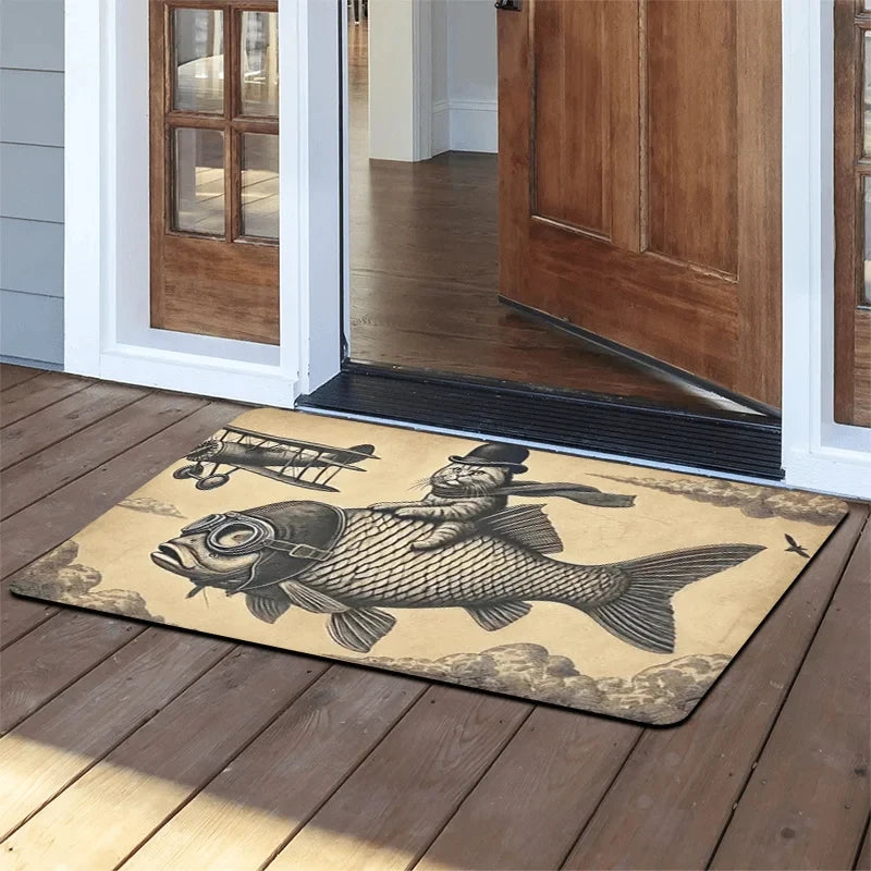 Vintage Abstract Retro Fish Cat Print Door Mat, Non Slip 