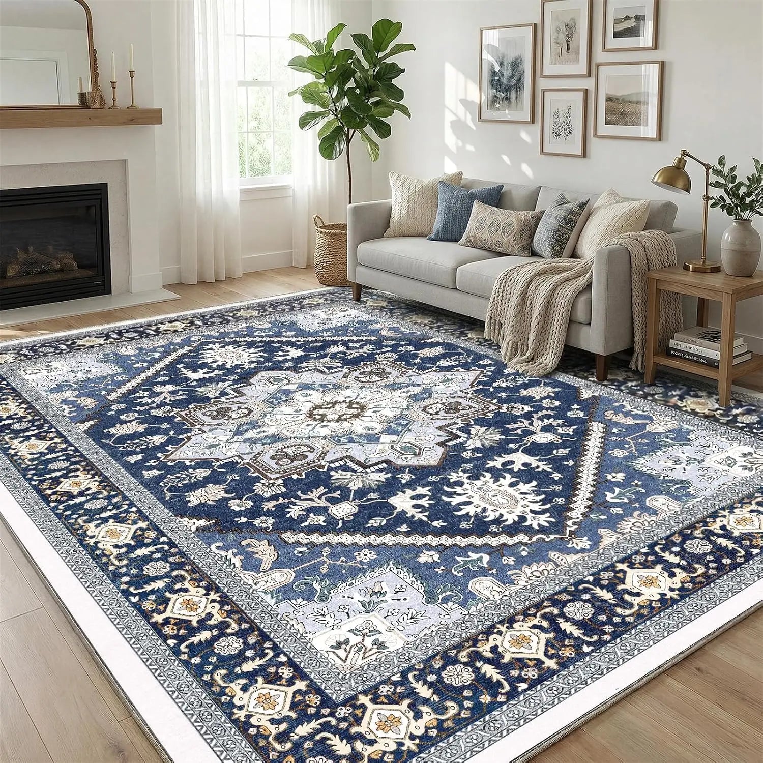 Elegant Design Washable 8x10 Area Rugs Soft Faux Cashmere, Navy Blue & Gold