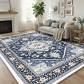 Elegant Design Washable 8x10 Area Rugs Soft Faux Cashmere, Navy Blue & Gold