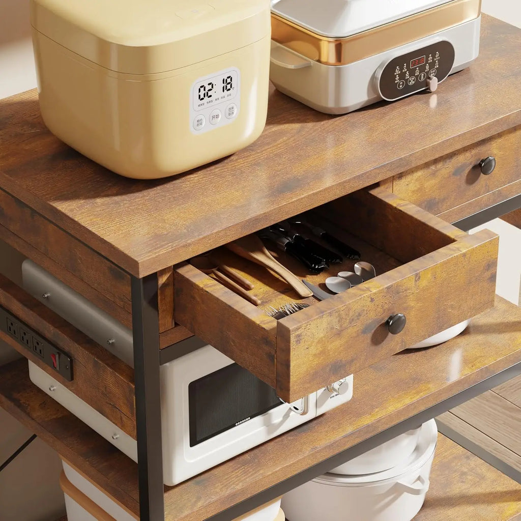 Bakers Rack with Power Outlets, Kitchen Stand Coffee Bar Table with Storage