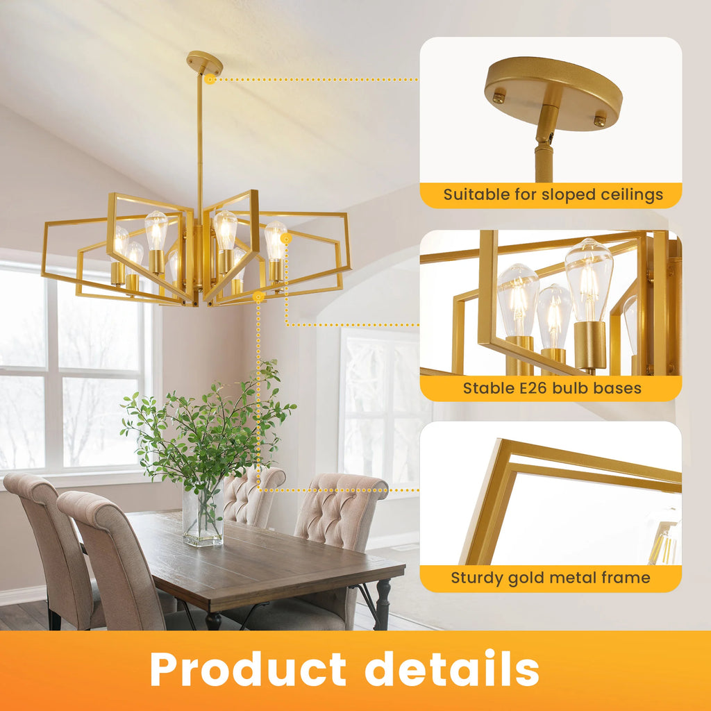 Modern 8-Light Geometric Chandelier Metal Pendant Light , Black or Golden Frame