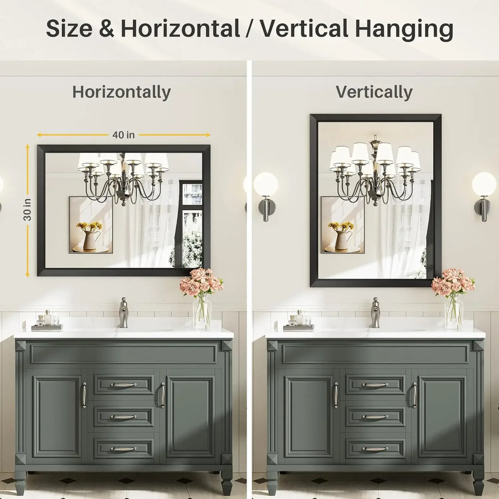 40x30 Inch Black Bathroom Mirror for Wall, Thick Metal Framed Rectangle