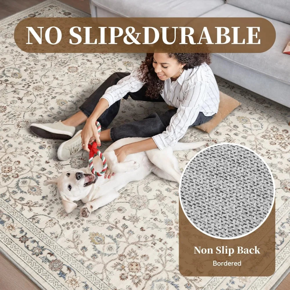 Vintage 5X7 Beige Rug With Soft Distressed Print (Washable)