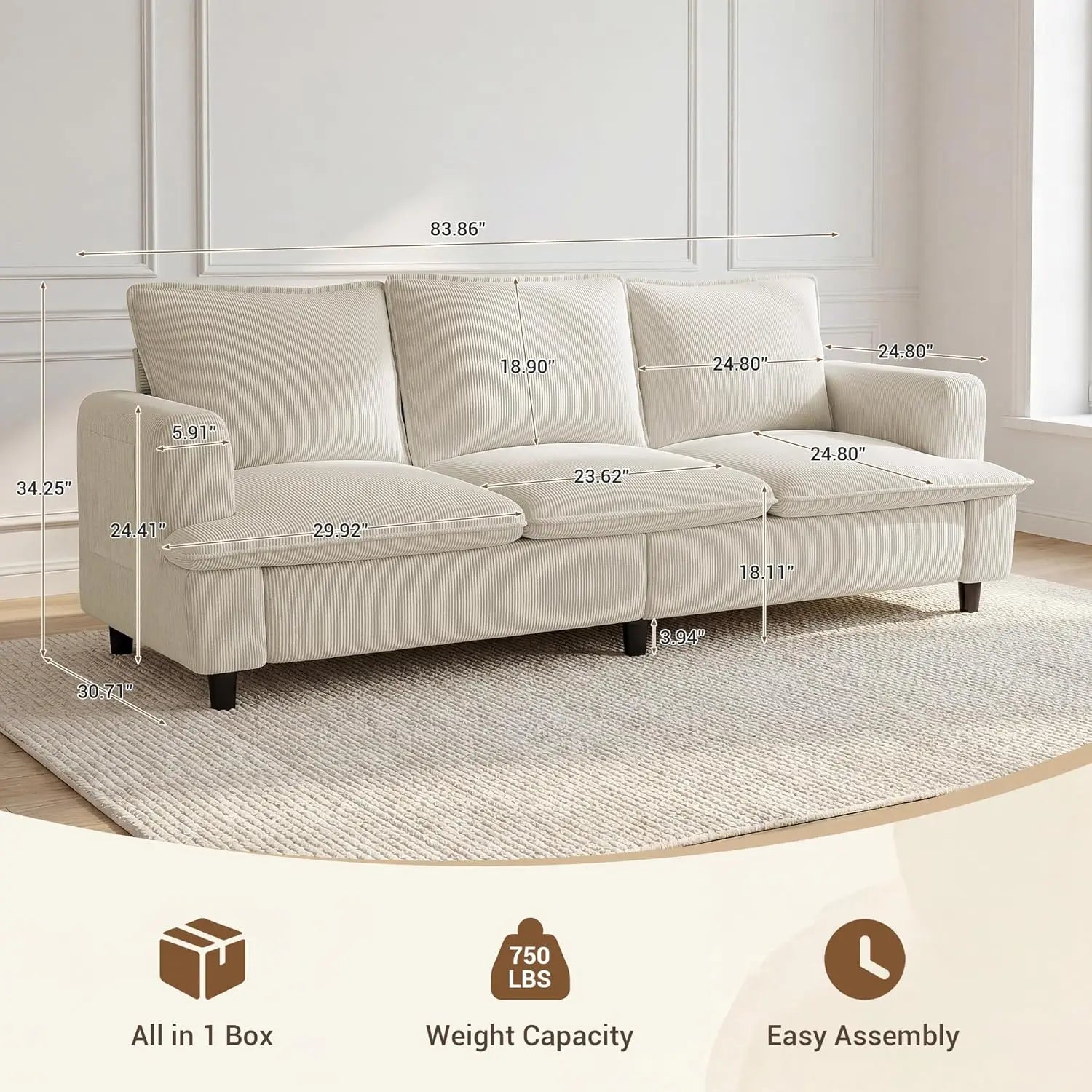 3 Seater Couch, 83" Comfy Corduroy Sofa with Deep Seat, White or Grey