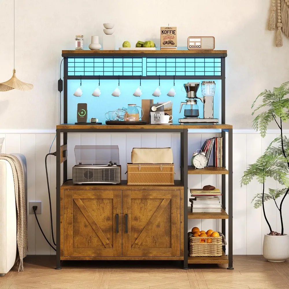 Bakers Rack with Power Outlet and LED Light, Microwave , Coffee bar
