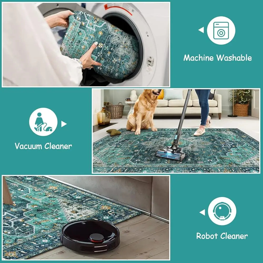 Ultra-Thin Washable Area Rug - 2X3 Teal Small Entryway Rug Front