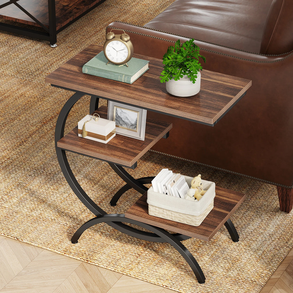 C-Shaped End Table, Industrial 3-Tier with Storage Shelves