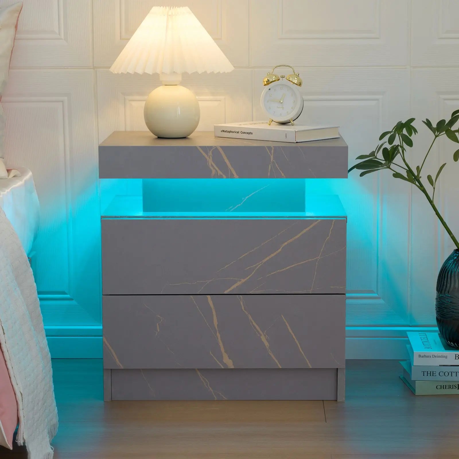 Moroccan Cube Nightstands with 2 Drawers, End Table with RGB LED Lights