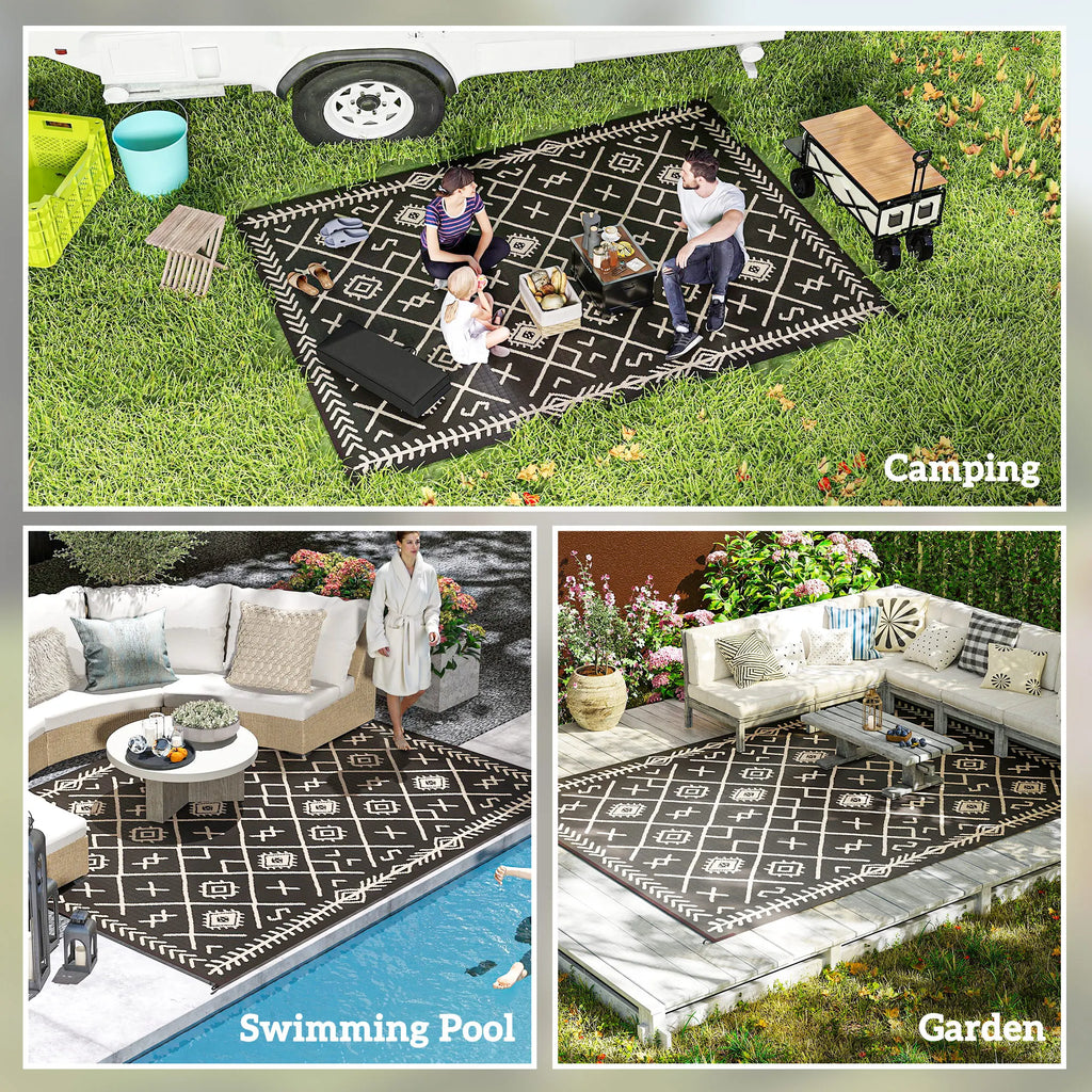 Awesome Outdoor Rug, 9' x 12' Floor Mat, Black Beige Rhombus