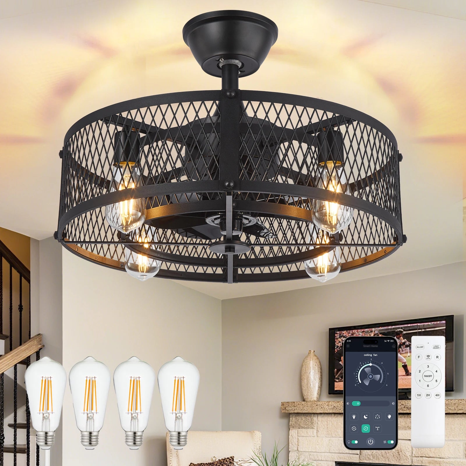 Caged Ceiling Fan with Light: 20/26" Farmhouse Fandelier Ceiling Fan with Remote for Low Profile Indoor Bedroon Kitchen Living
