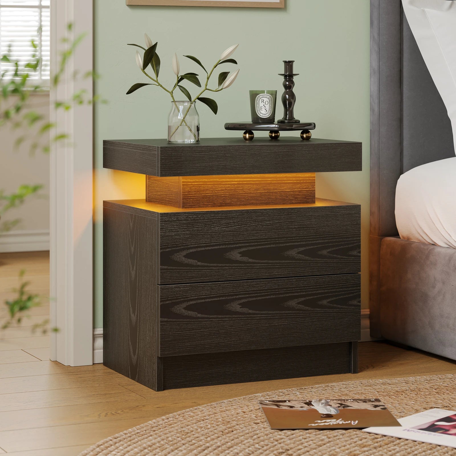 Moroccan Cube Nightstands with 2 Drawers, End Table with RGB LED Lights