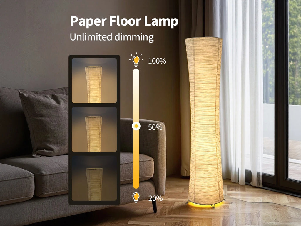 Paper floor lamp, paper and chrome-plated standing lamp, LED light strip