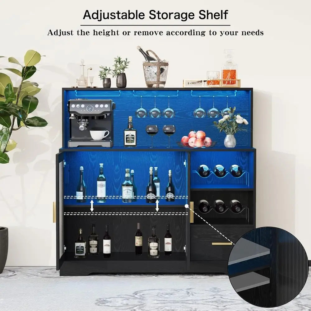 Modern Black LED-lit Home Bar Cabinet with Storage