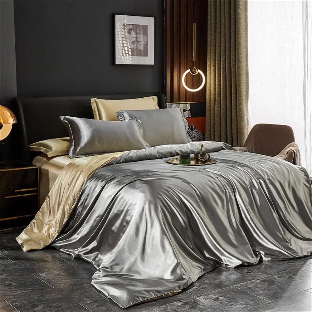Solid Silk Bedding Set with Duvet Cover Bed Sheet Pillowcases