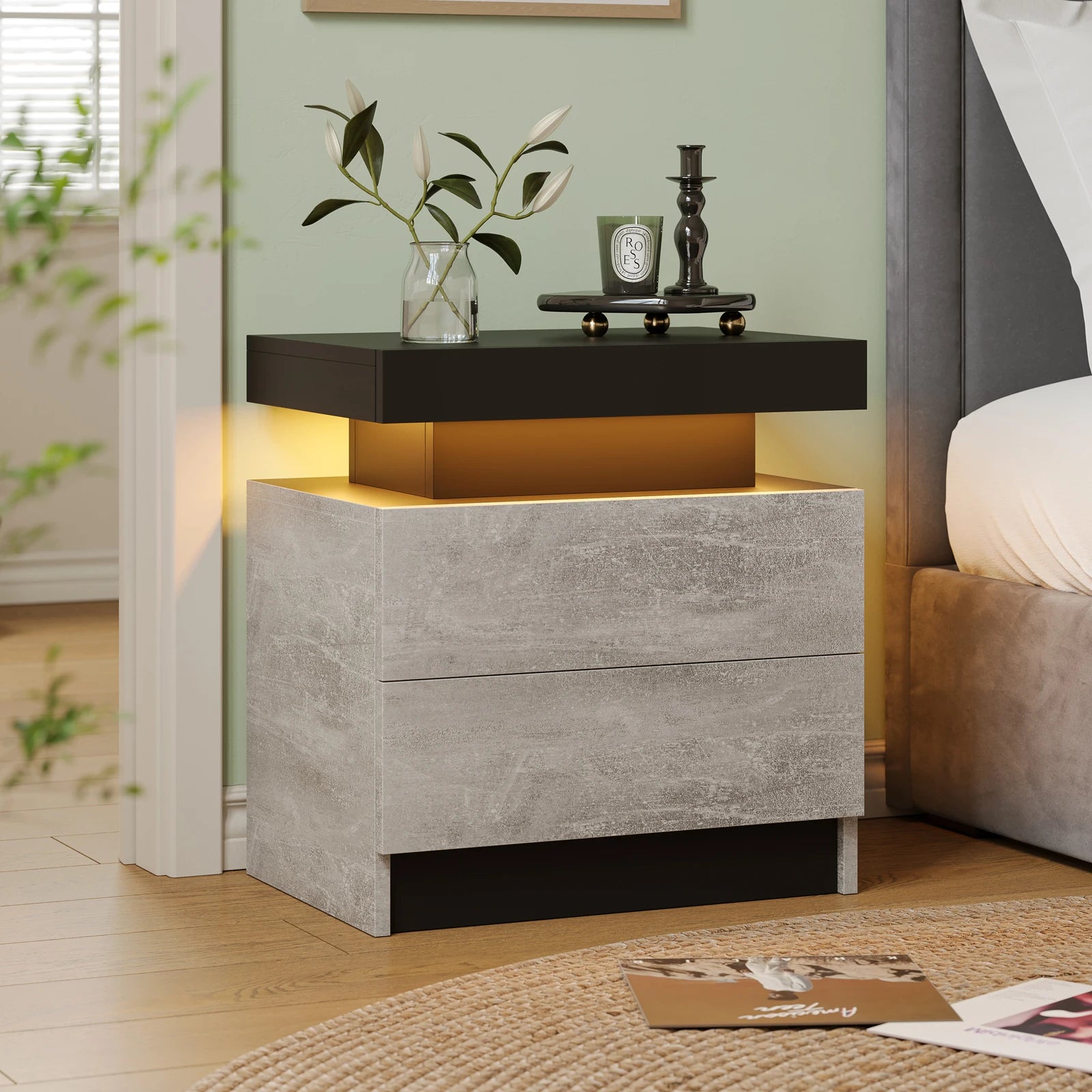 Moroccan Cube Nightstands with 2 Drawers, End Table with RGB LED Lights