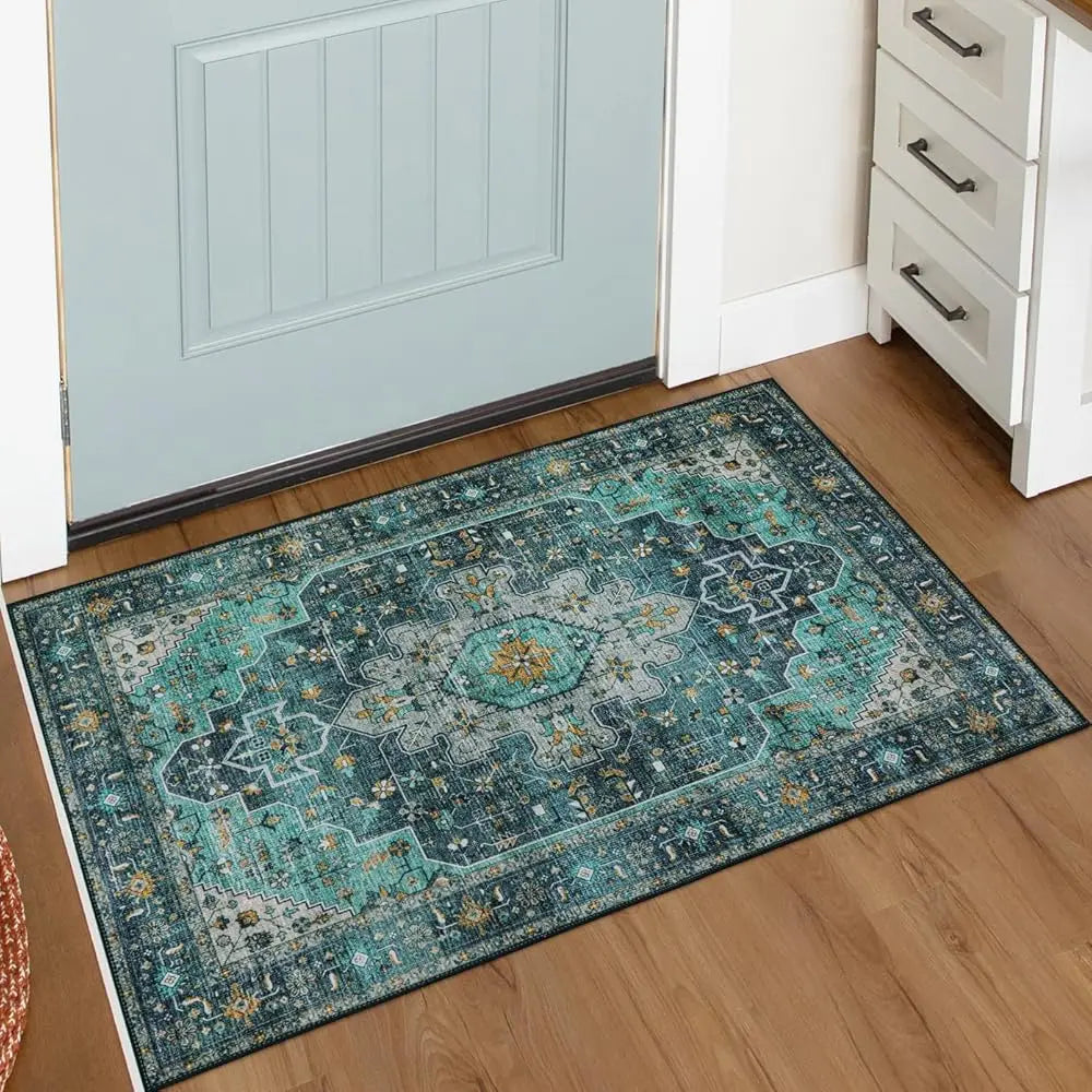 Ultra-Thin Washable Area Rug - 2X3 Teal Small Entryway Rug Front