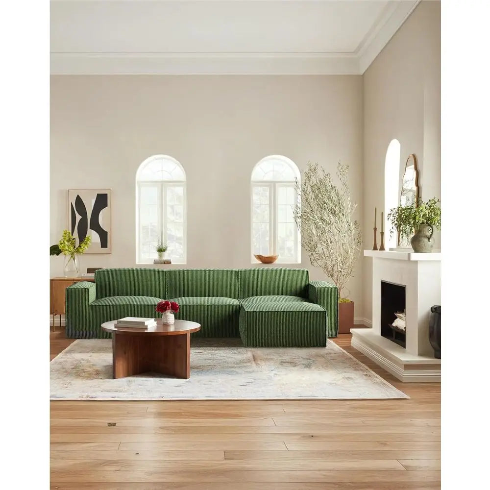 L-Shape Sectional Couch with Chaise & Ottoman, Green Corduroy