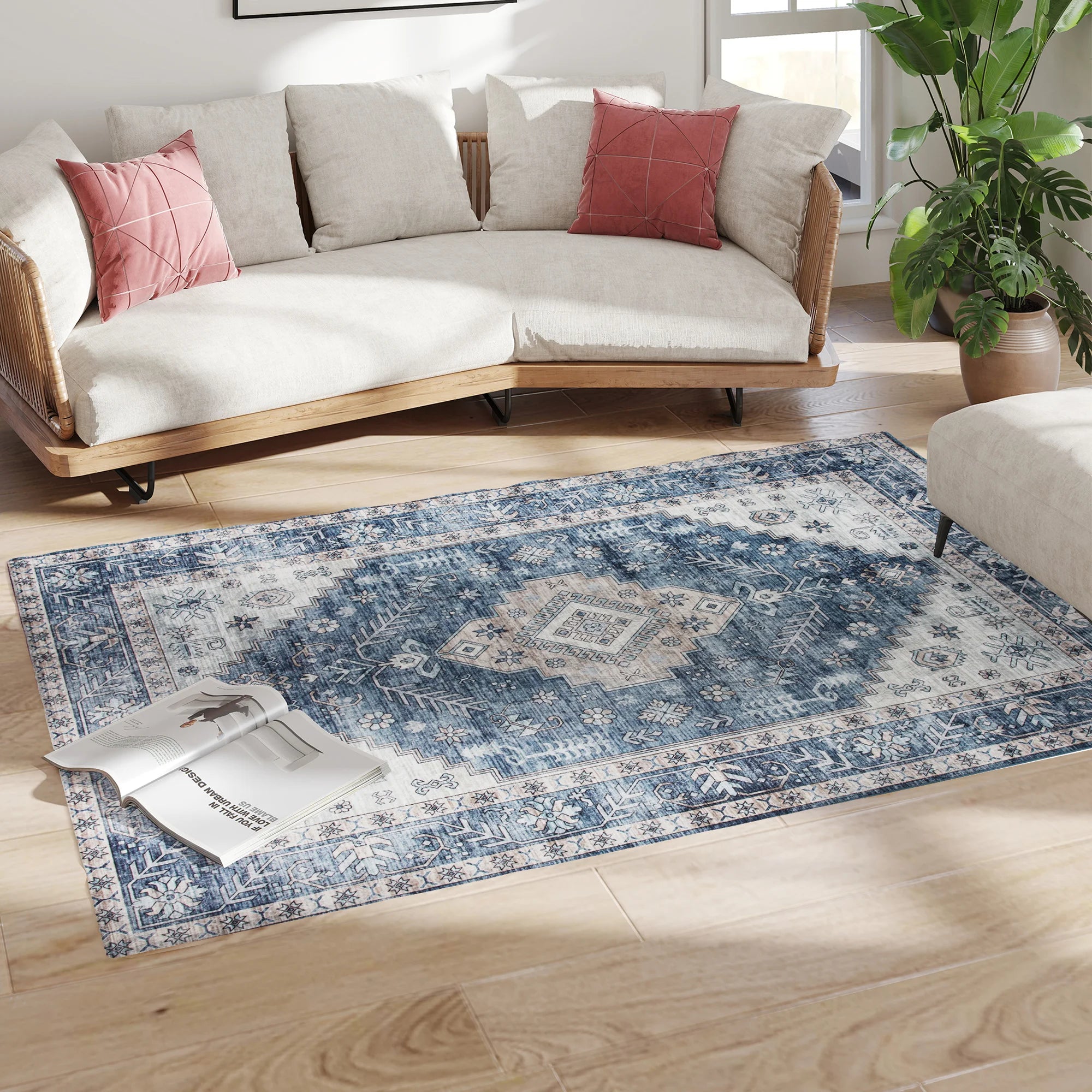 Relaxing Boho Pattern 4'x6' Vintage Oriental Medallion Distressed Rugs, Blue
