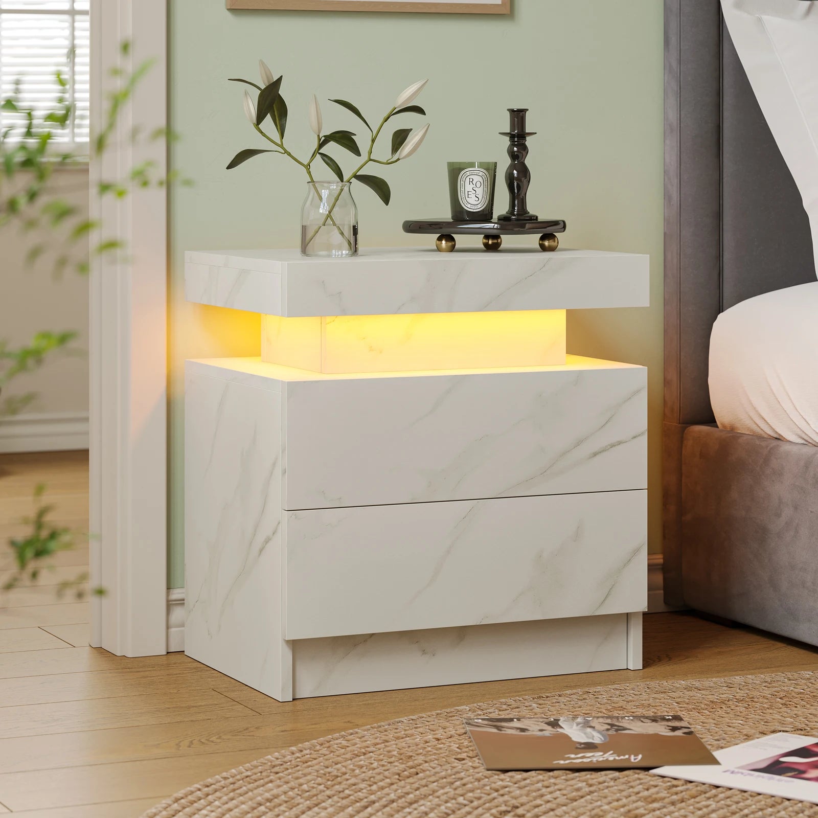 Moroccan Cube Nightstands with 2 Drawers, End Table with RGB LED Lights