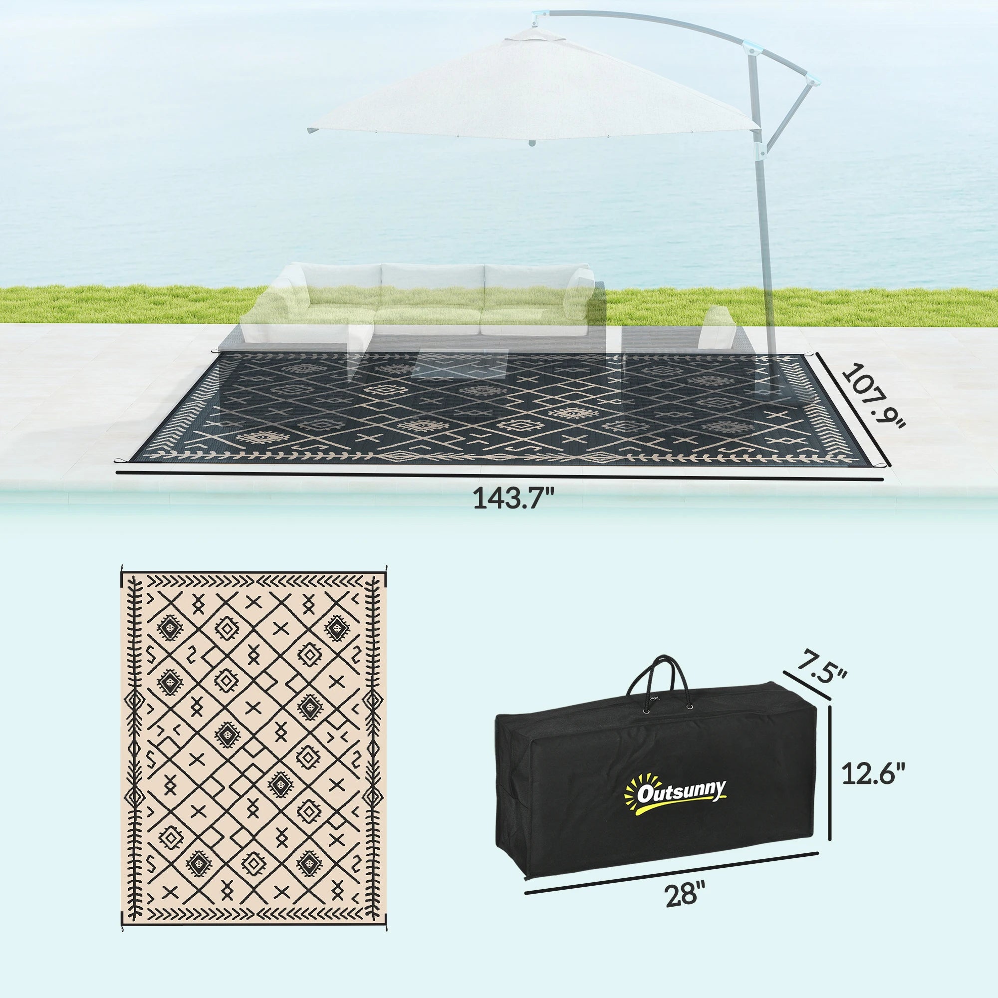 Awesome Outdoor Rug, 9' x 12' Floor Mat, Black Beige Rhombus