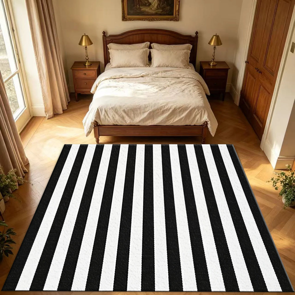 Classic Black White Vertical Stripe Area Rug Non Slip Washable