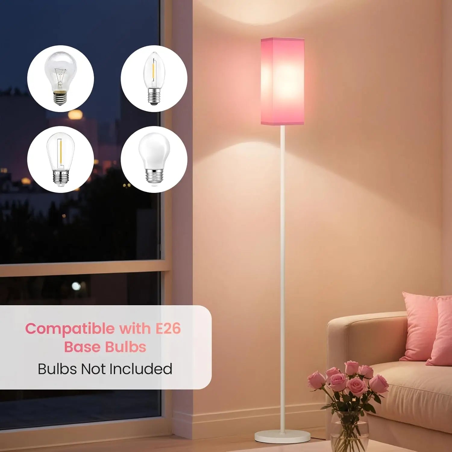 Modern Floor Lamp with Foot Switch, 64.6" Tall, White & Pink