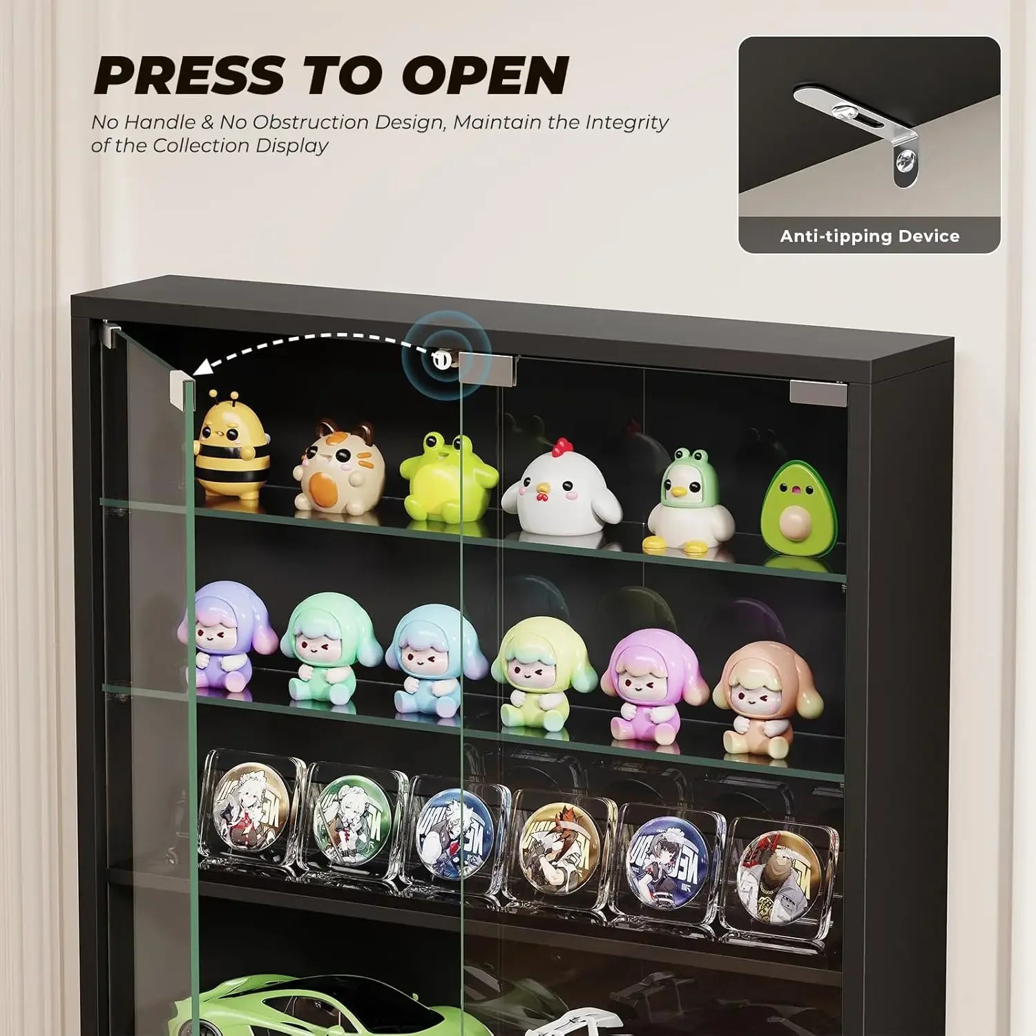 Six Tier Wall Display Cabinet With Glass Doors And Adjustable Shelves Black