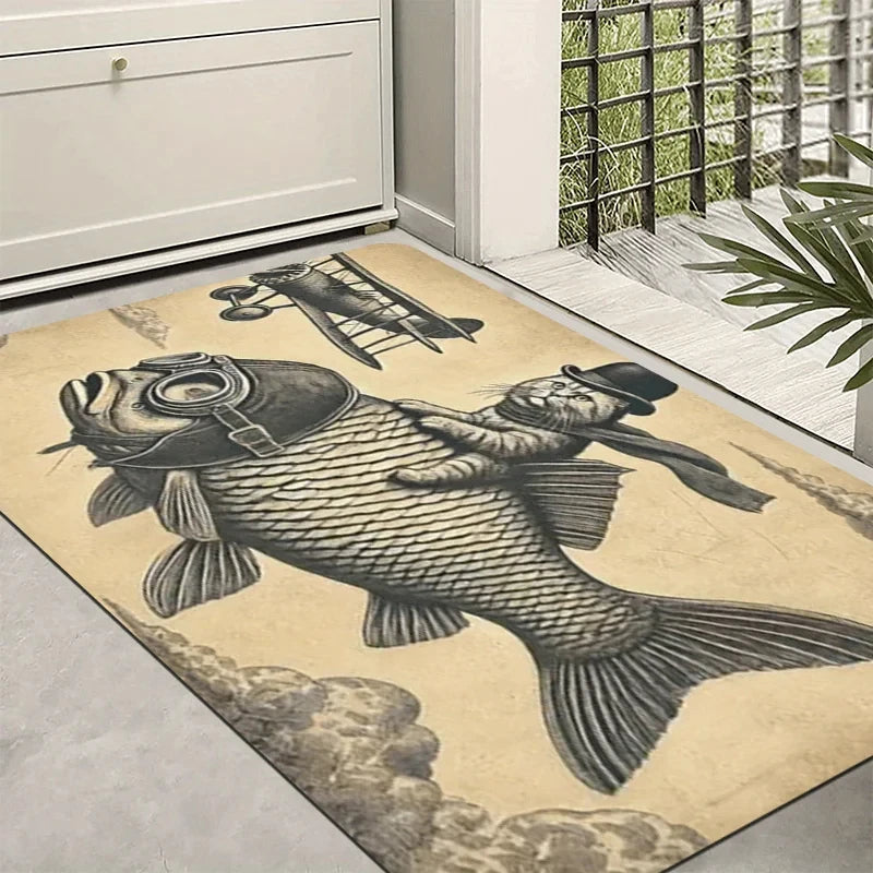 Vintage Abstract Retro Fish Cat Print Door Mat, Non Slip 