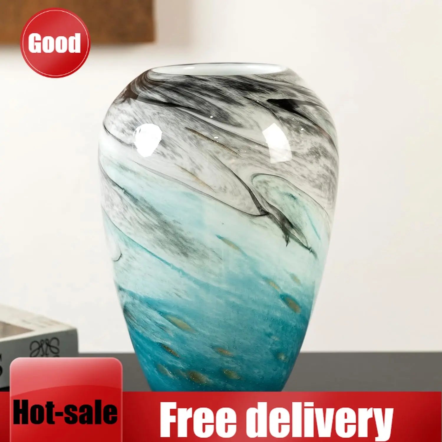 11" H Teal Glass Vases for Flowers, Unique Hand Blown