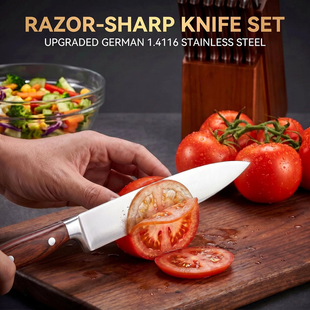 Elegant  16 Pcs Kitchen Knife Set with Sharpener & Acacia Wooden Block, Stainless Steel Brown Wood Handle, Multi Cooking Knives