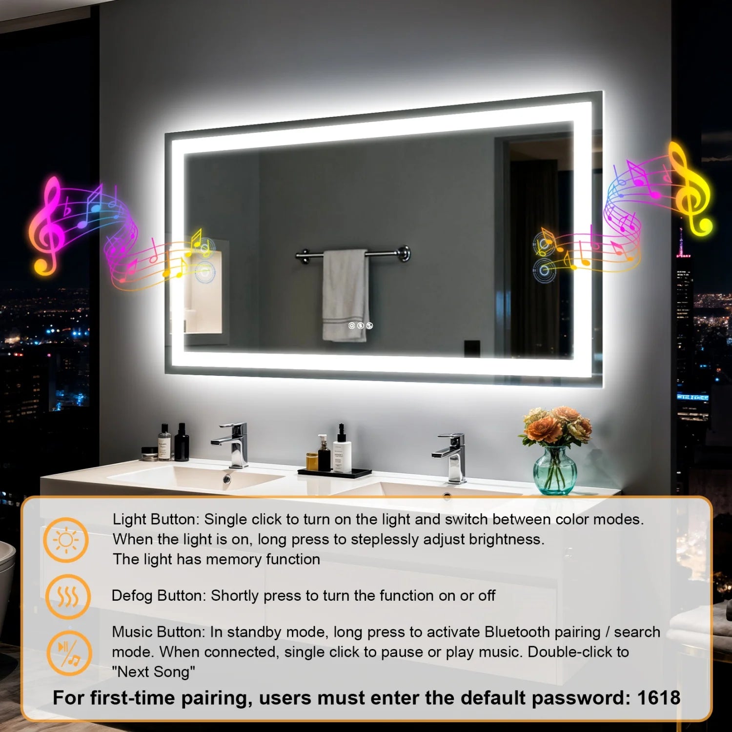 Music!!!! LED Bathroom Mirror Built-in Bluetooth Speaker Anti-Fog Dimmable  3 sizes