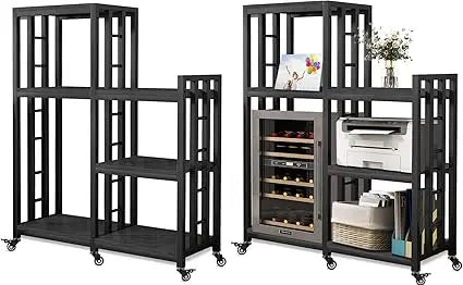 Free Standing Baker Rack Mini Fridge Stand with Wheels, 6 Tire Kitchen Storage Shelf Organizers Coffee Table Bar Micr
