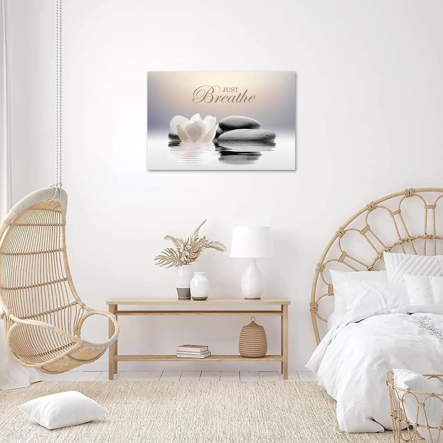 Just Breathe Zen Wall Art,  White Lotus Flower Picture