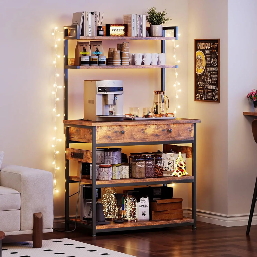 Bakers Rack with Power Outlets, Kitchen Stand Coffee Bar Table with Storage