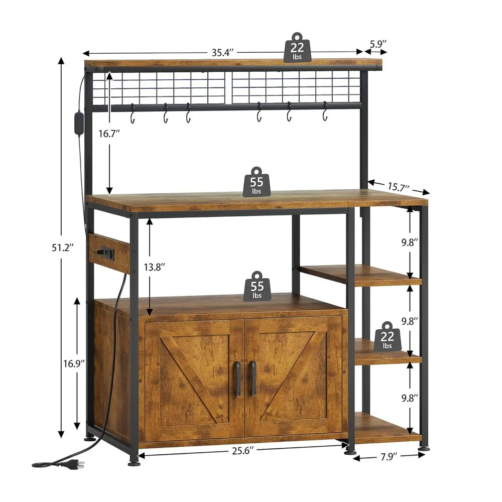 Bakers Rack with Power Outlet and LED Light, Microwave , Coffee bar