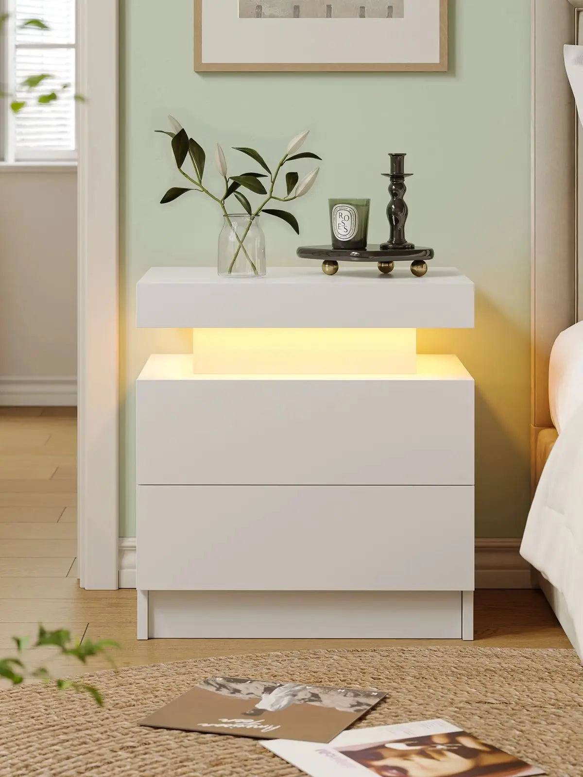 Moroccan Cube Nightstands with 2 Drawers, End Table with RGB LED Lights