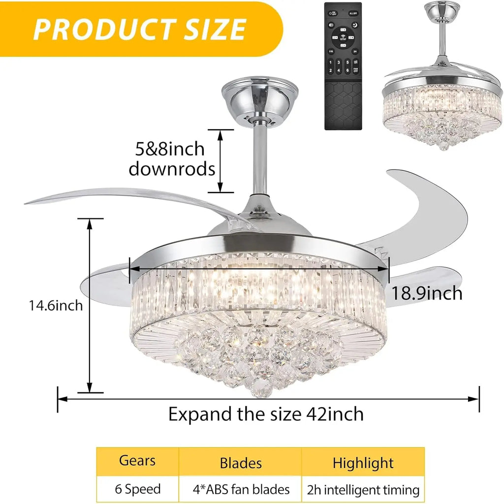 42" Crystal Ceiling Fan with Light, Silvery Chandelier with Remote, 6 Speeds 3 Colors Changes