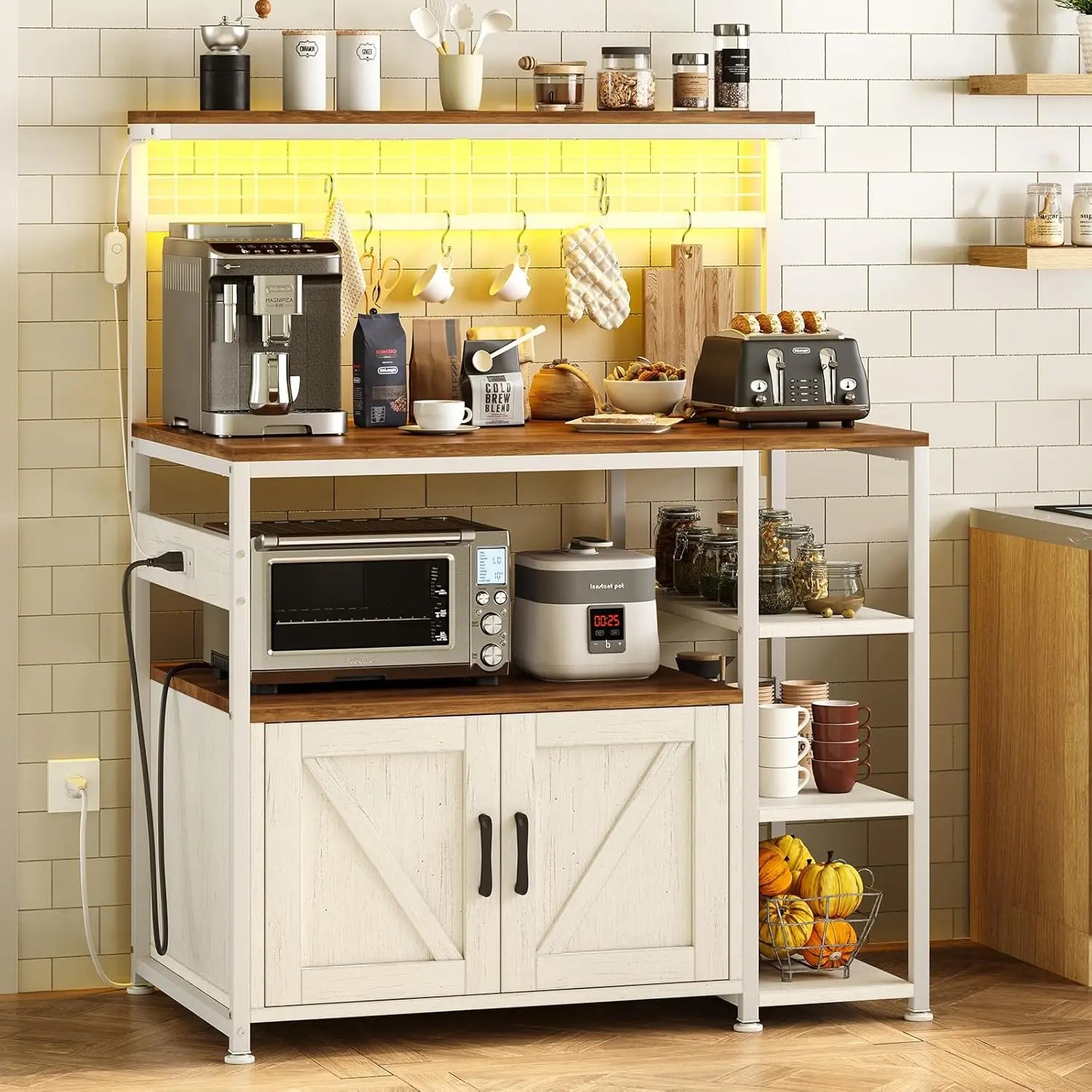 Bakers Rack with Power Outlet and LED Light, Microwave , Coffee bar