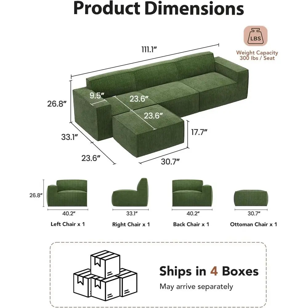 L-Shape Sectional Couch with Chaise & Ottoman, Green Corduroy