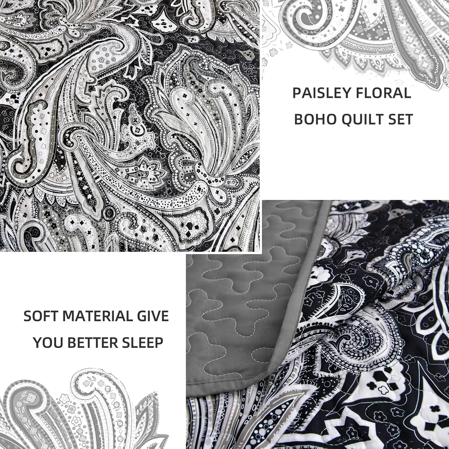 King Size Black Paisley Quilt Set, 3-Piece Boho Bedspread
