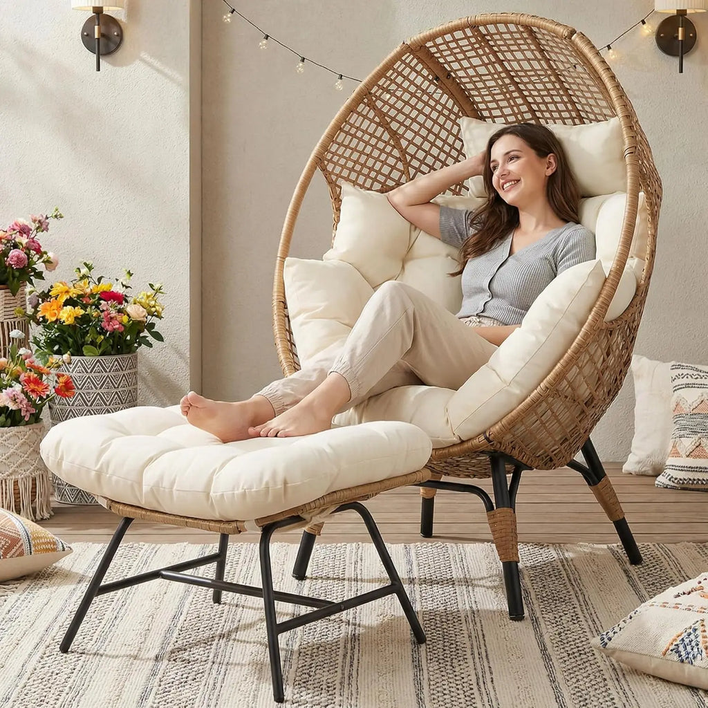 Indoor Outdoor Egg Chair with Ottoman Thick Cushioned Lounge w/Footrest