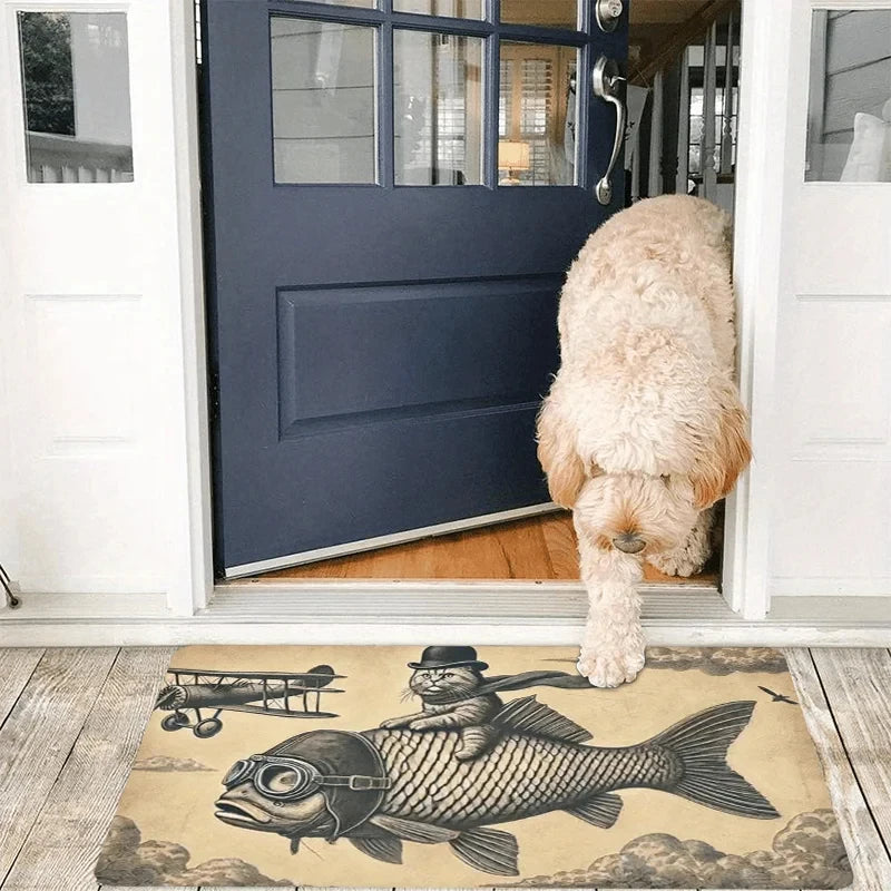 Vintage Abstract Retro Fish Cat Print Door Mat, Non Slip 