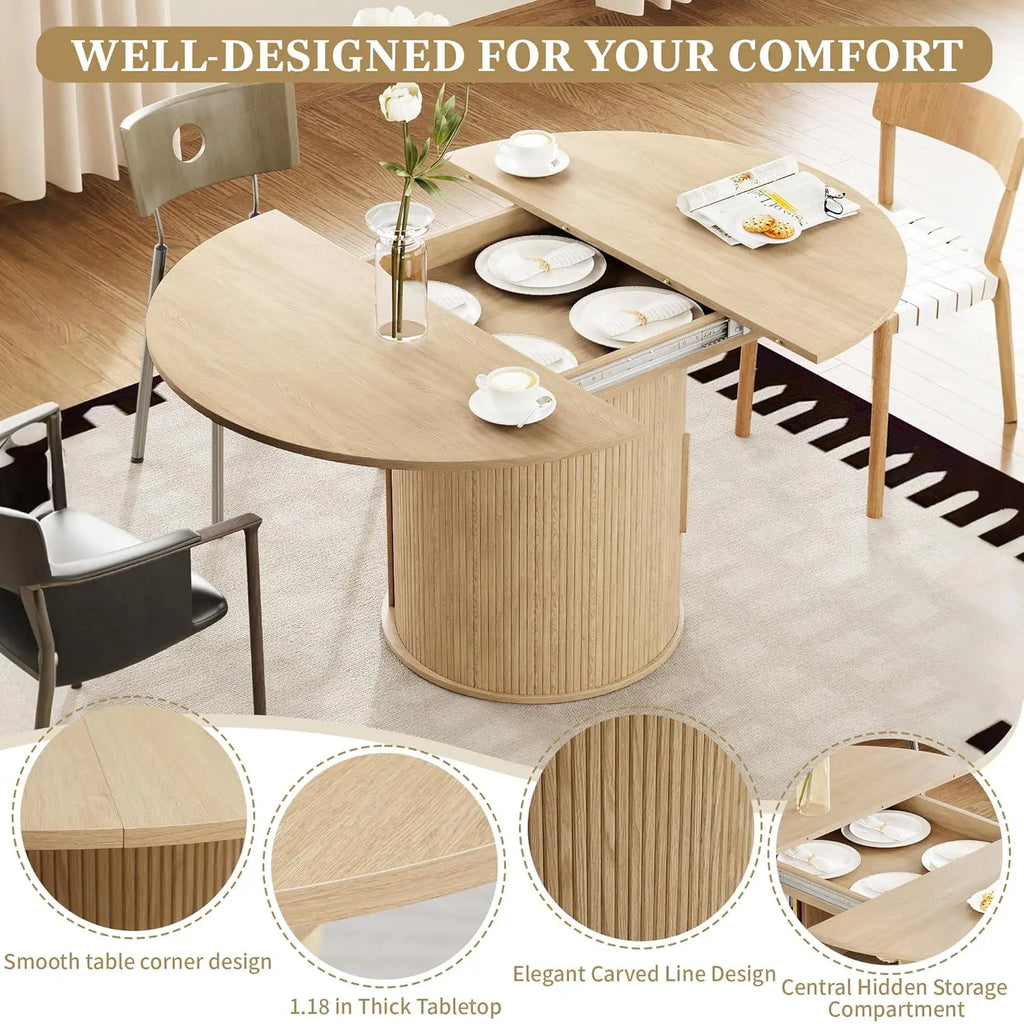 Round-to-Oval Dining Table Hidden Storage and Extendable