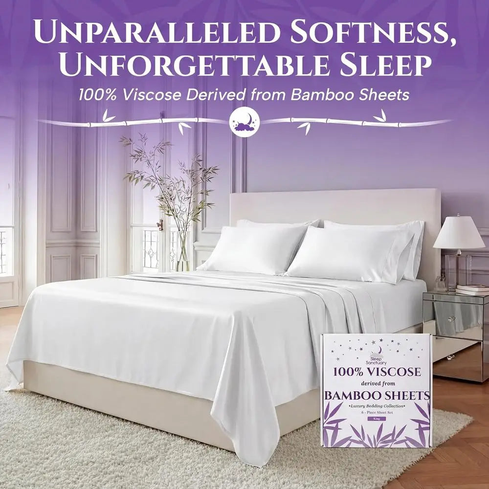 Cooling Sheets Set for Hot SleepersKing Size 6-Piece Bamboo Viscose  - Cloud Soft(White)
