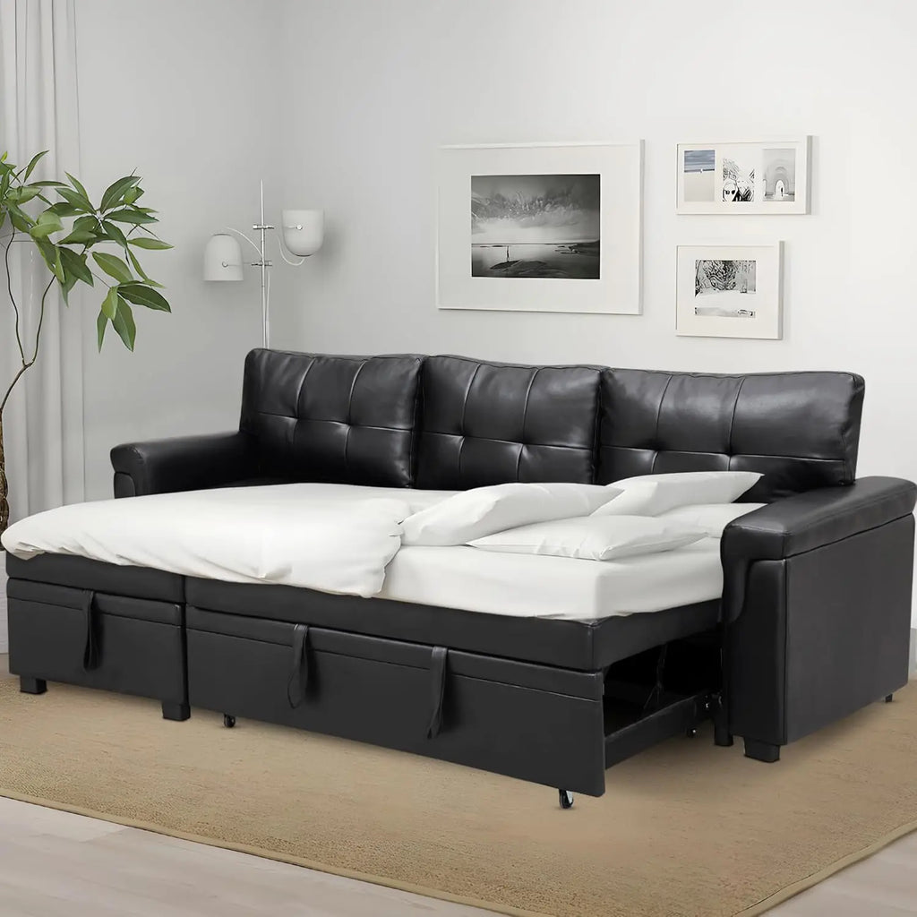 L Shaped Sleeper Sofa Bed with Storage & Pull Out Chaise Small Sectional Couch Living Room Air Leather Customized