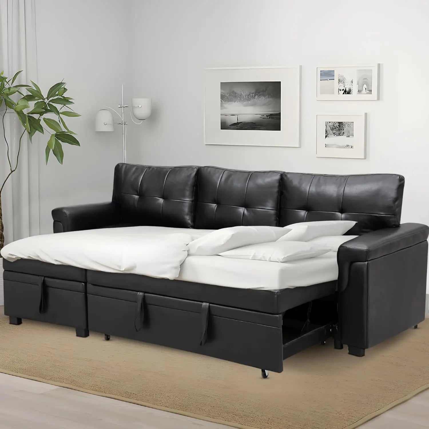 L Shaped Sleeper Sofa Bed with Storage & Pull Out Chaise Small Sectional Couch Living Room Air Leather Customized