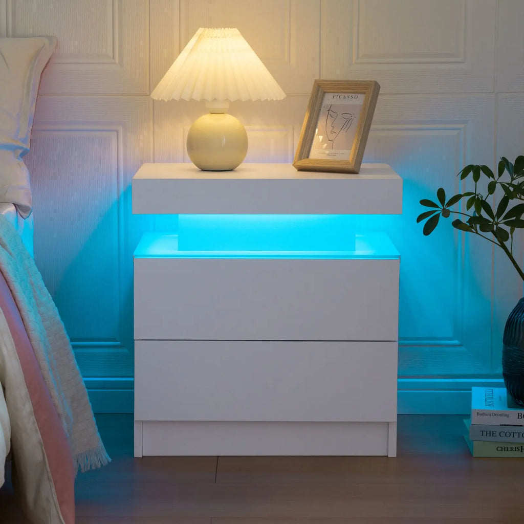 Moroccan Cube Nightstands with 2 Drawers, End Table with RGB LED Lights